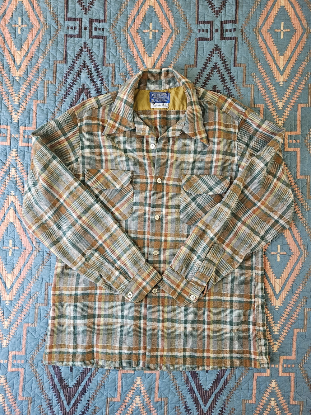 Pendleton Plaid Wool Shirt  in Tan, Green & Blue